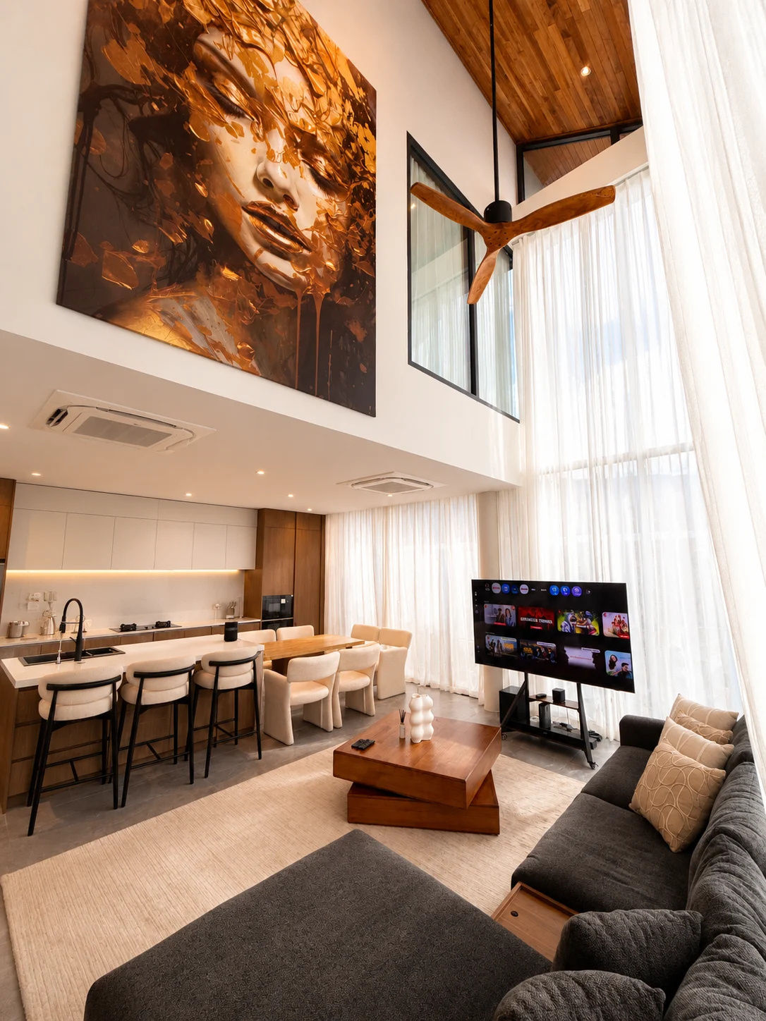 Double-height living and dining space