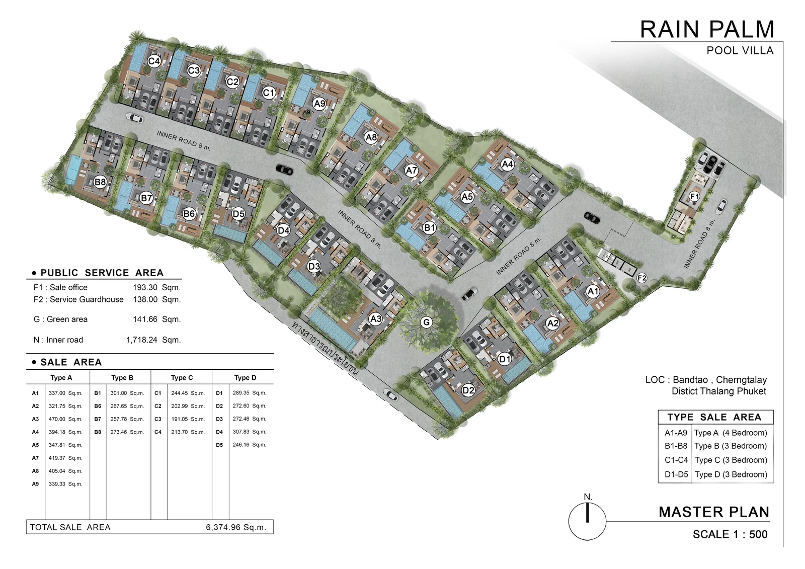 Master plan of the 21 Rainpalm pool villas with inner roads, sale office, guardhouse and green area