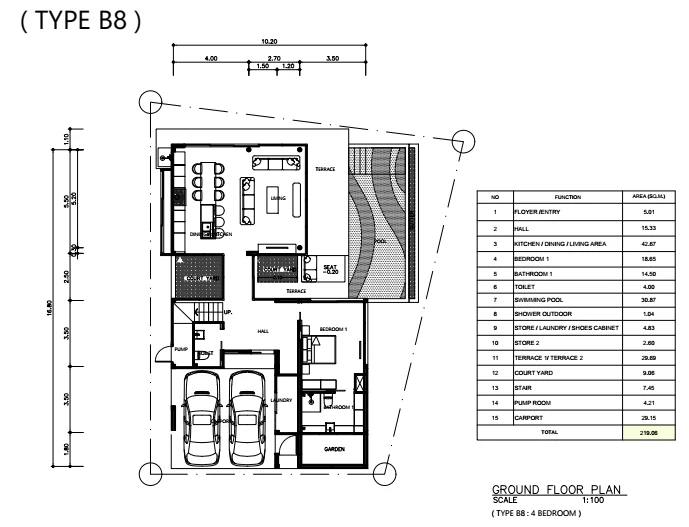 Villa B8 four-bedroom layout, ground floor, developer drawing (Mar 2025).