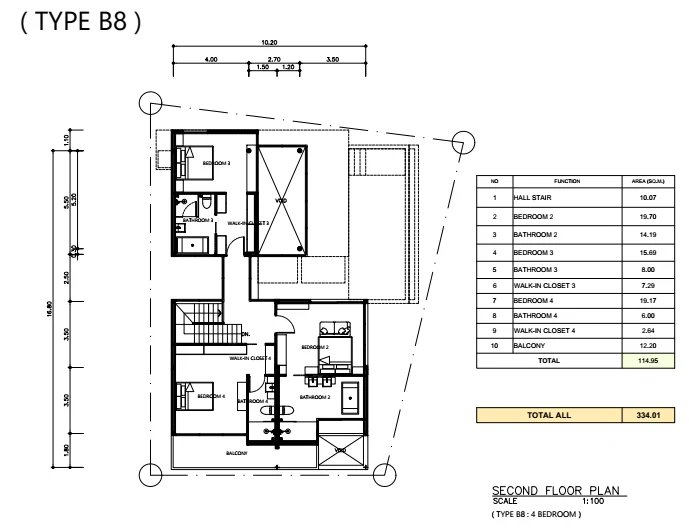 Villa B8 four-bedroom layout, upper floor, developer drawing (Mar 2025).