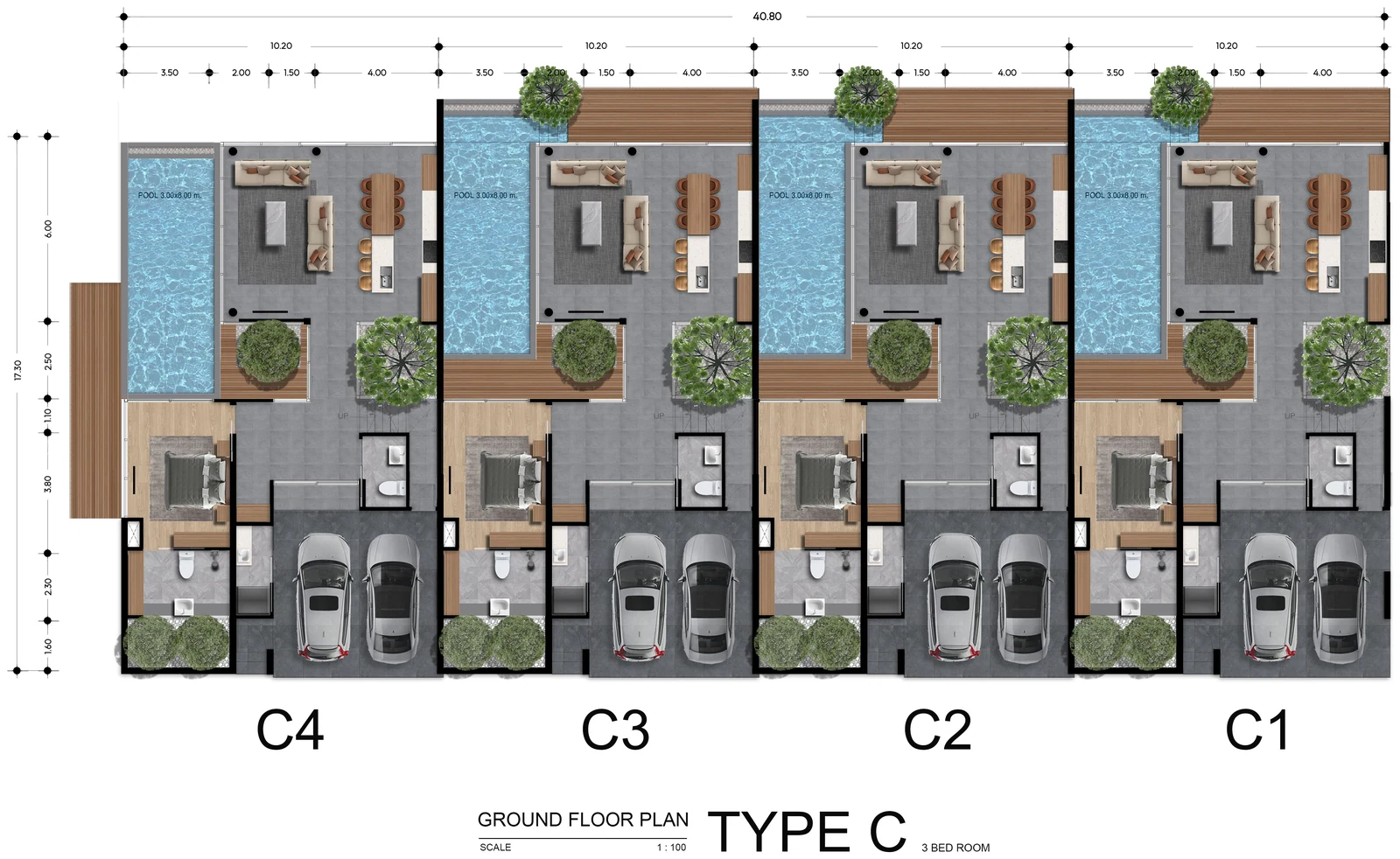 Villas C1–C4 ground floors side by side, developer plan.