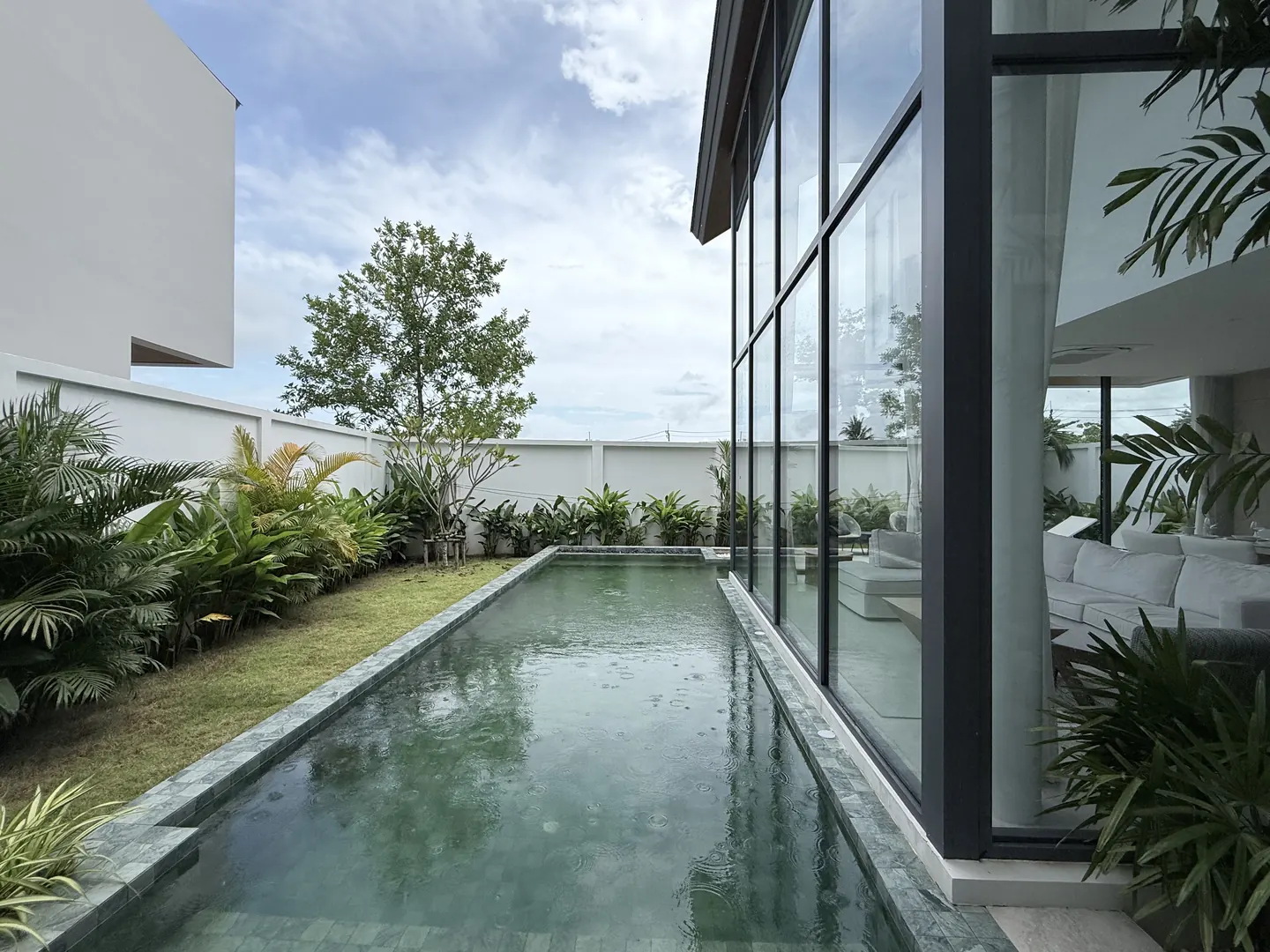 Pool and tropical garden beside the glazed facade