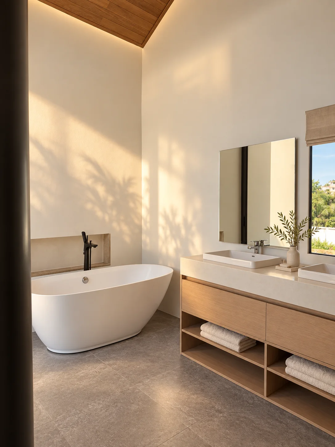 Bathroom with natural finishes and a freestanding bath
