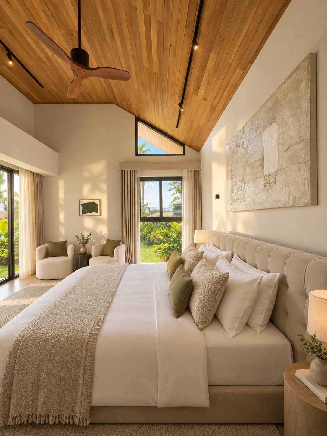 Vaulted bedroom with warm natural finishes
