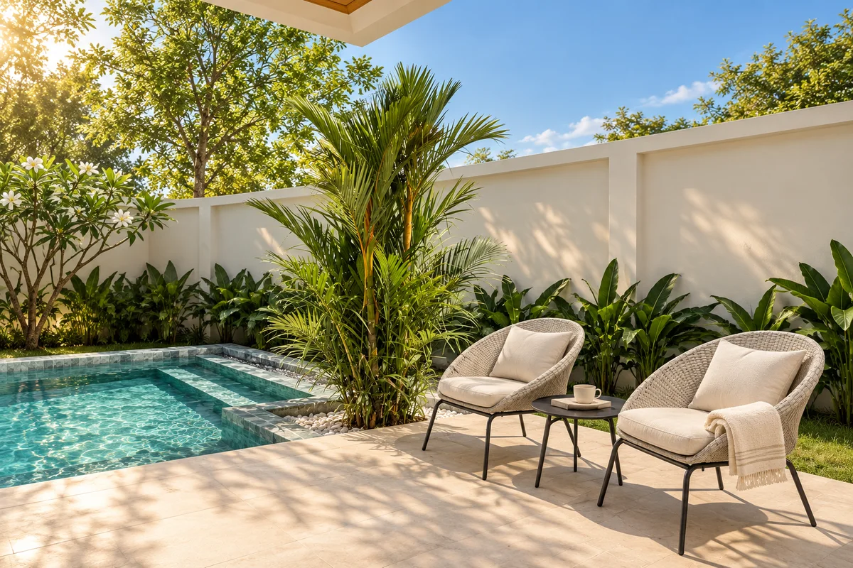 Villa courtyard and private pool in morning light