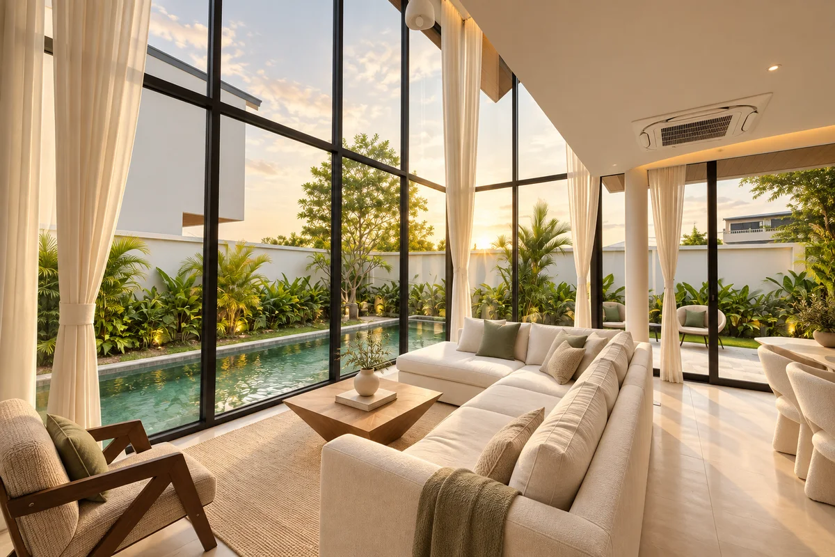 Double-height living room opening to the pool