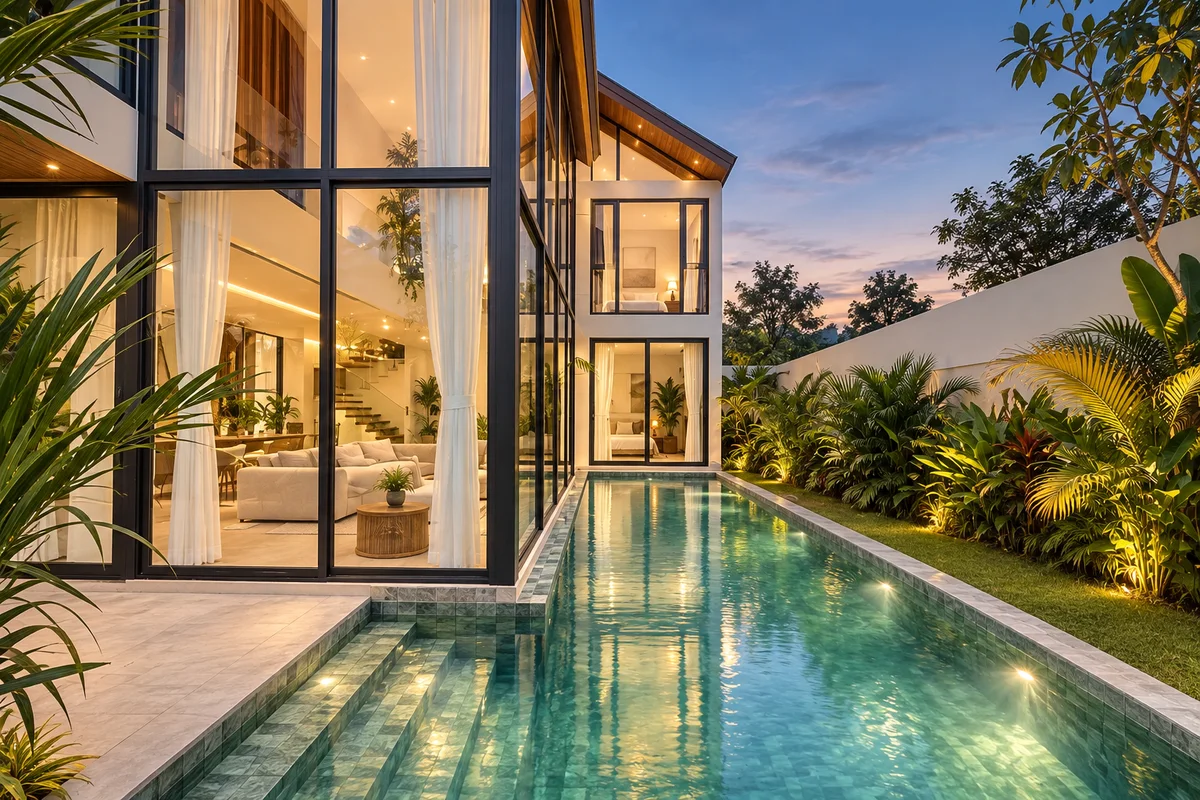 Private pool and tropical villa at blue hour
